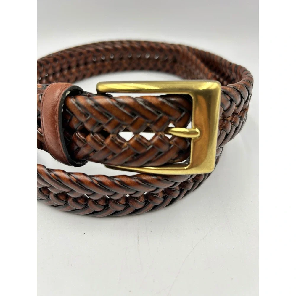 Dockers Braided Belt Brown Mens 38 Leather Woven Gold Buckle 11DO0403 EUC